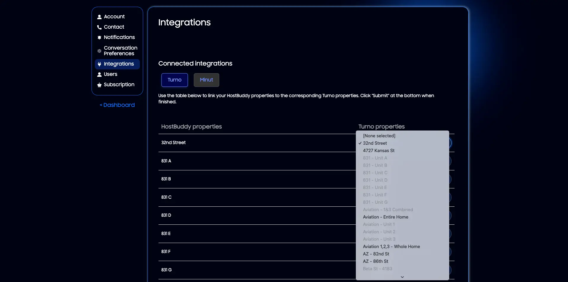 HostBuddy Integrations settings page showing property linking options.