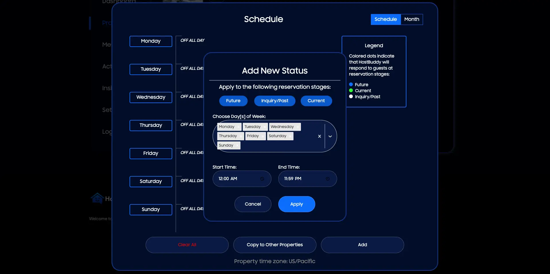 HostBuddy Schedule interface for managing messaging automation with options to add new status and set time schedules.