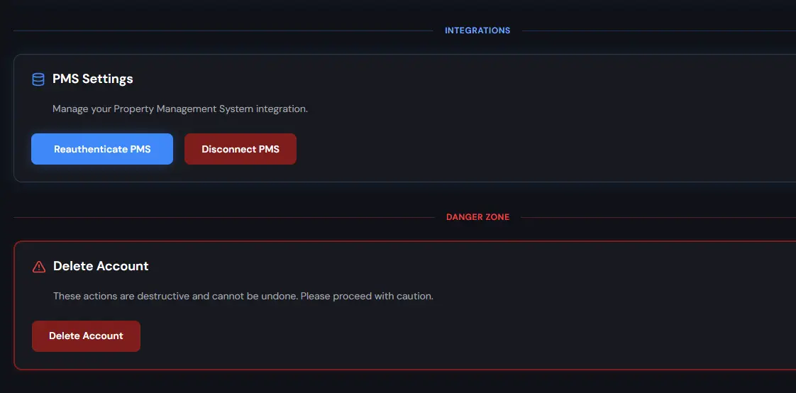 HostBuddy Settings page showing PMS Settings and Delete Account options.
