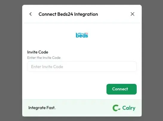 Connect Beds24 Integration screen for HostBuddy with invite code entry and connect button.