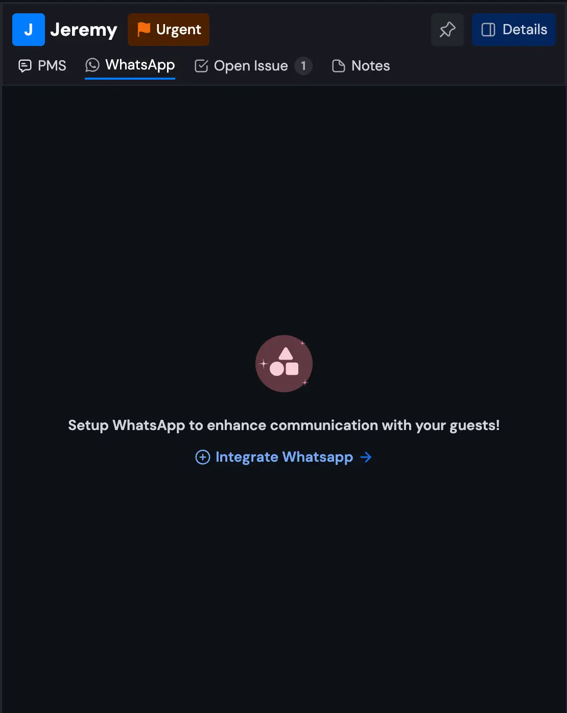 HostBuddy WhatsApp integration setup screen with a prompt to integrate WhatsApp for guest communication.