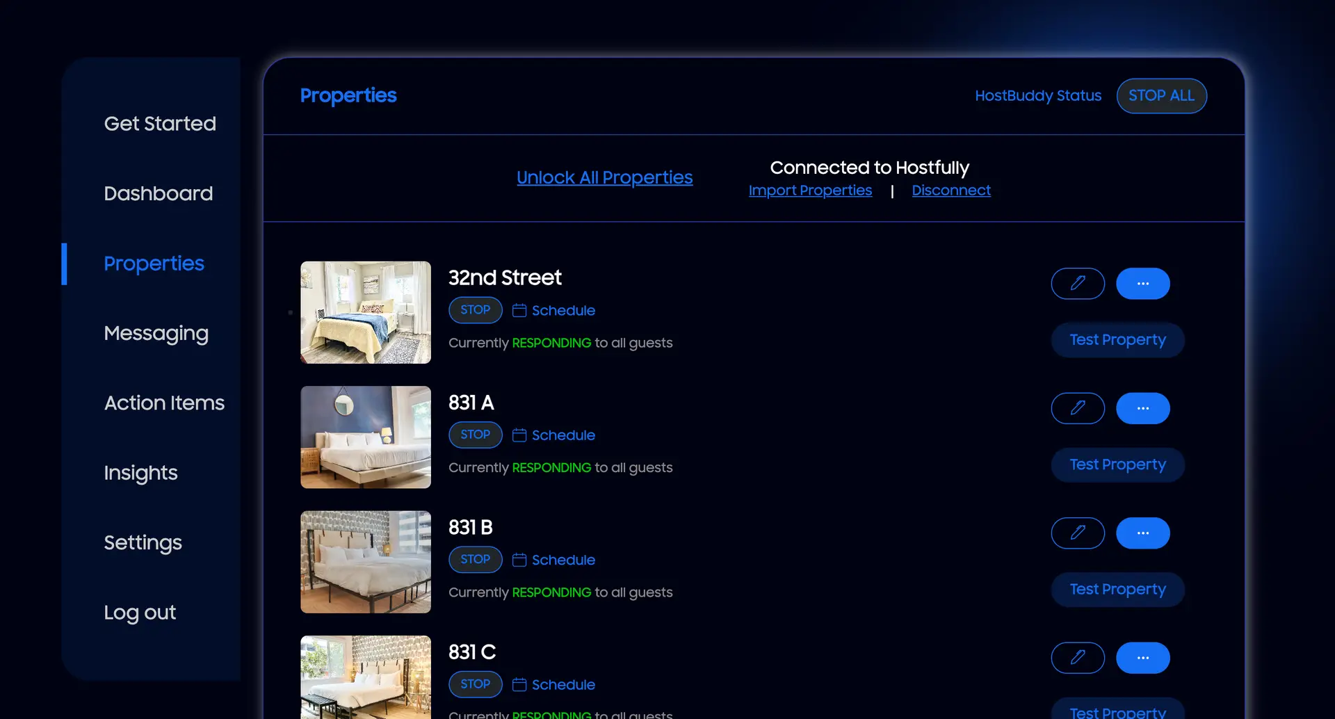 HostBuddy AI Properties section showing property list and status with navigation menu.