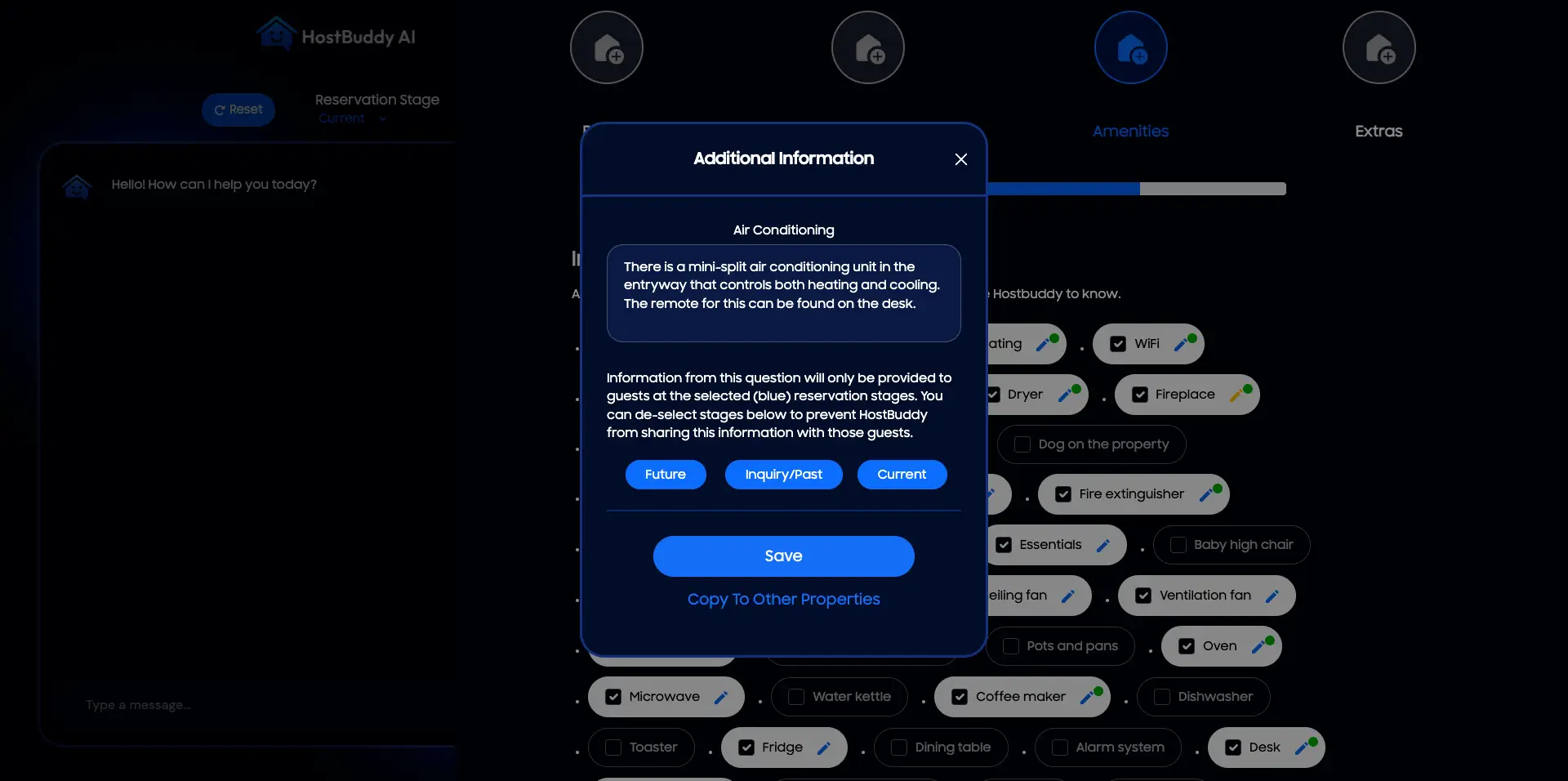HostBuddy AI Properties Page - Additional Information pop-up for air conditioning details.