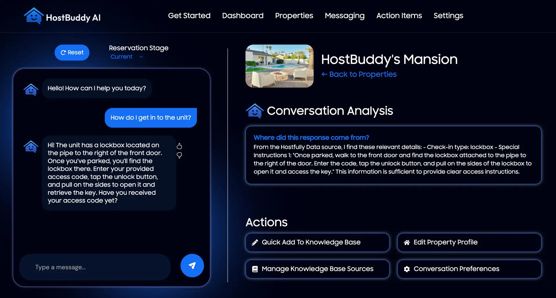 HostBuddy AI Quick Start onboarding screen with chat and conversation analysis.