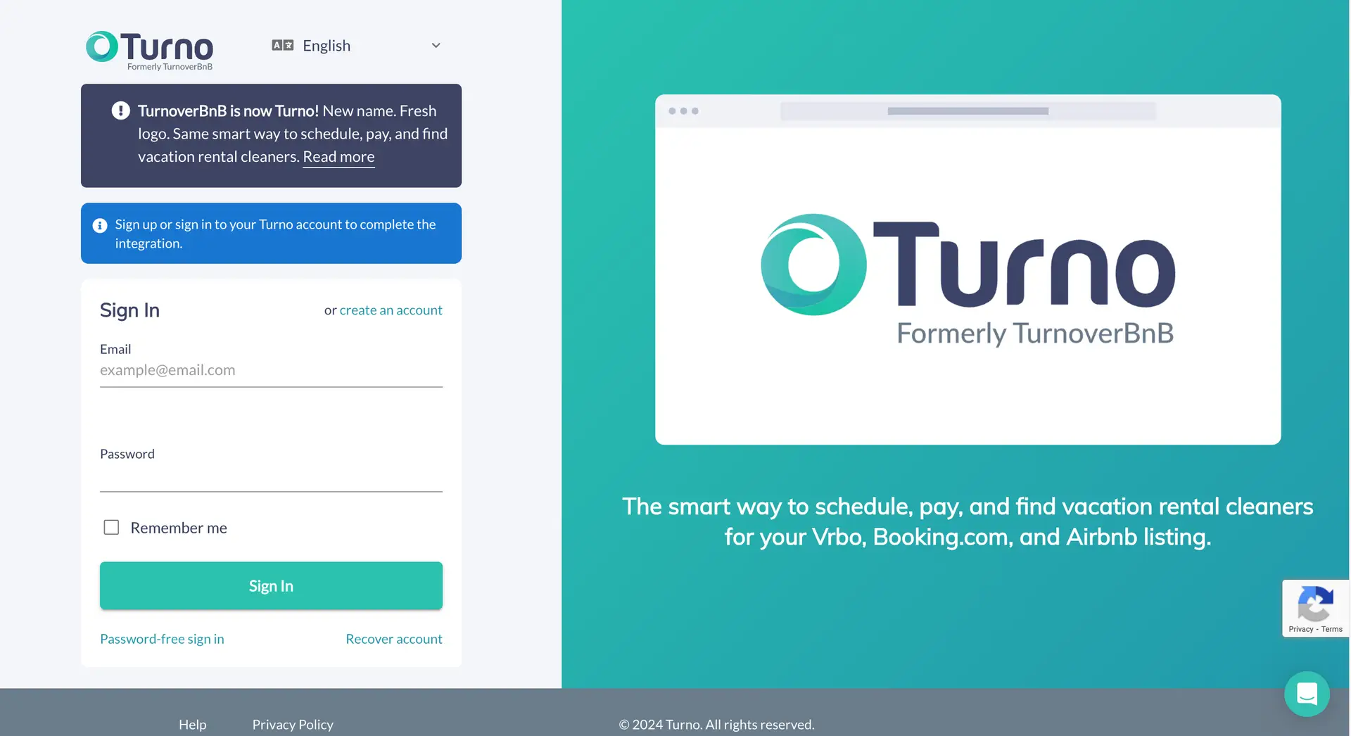 Turno login page for integration settings in HostBuddy.