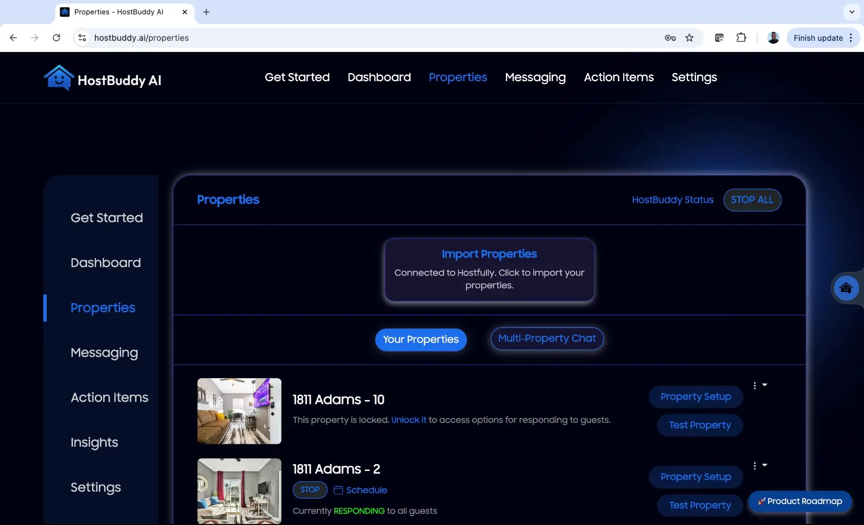 HostBuddy AI Properties section with multi-property chat setup instructions.
