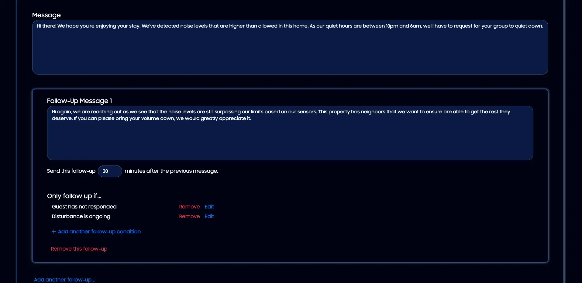 HostBuddy AI Integrations Settings screen showing automated messaging setup with follow-up message options and conditions.