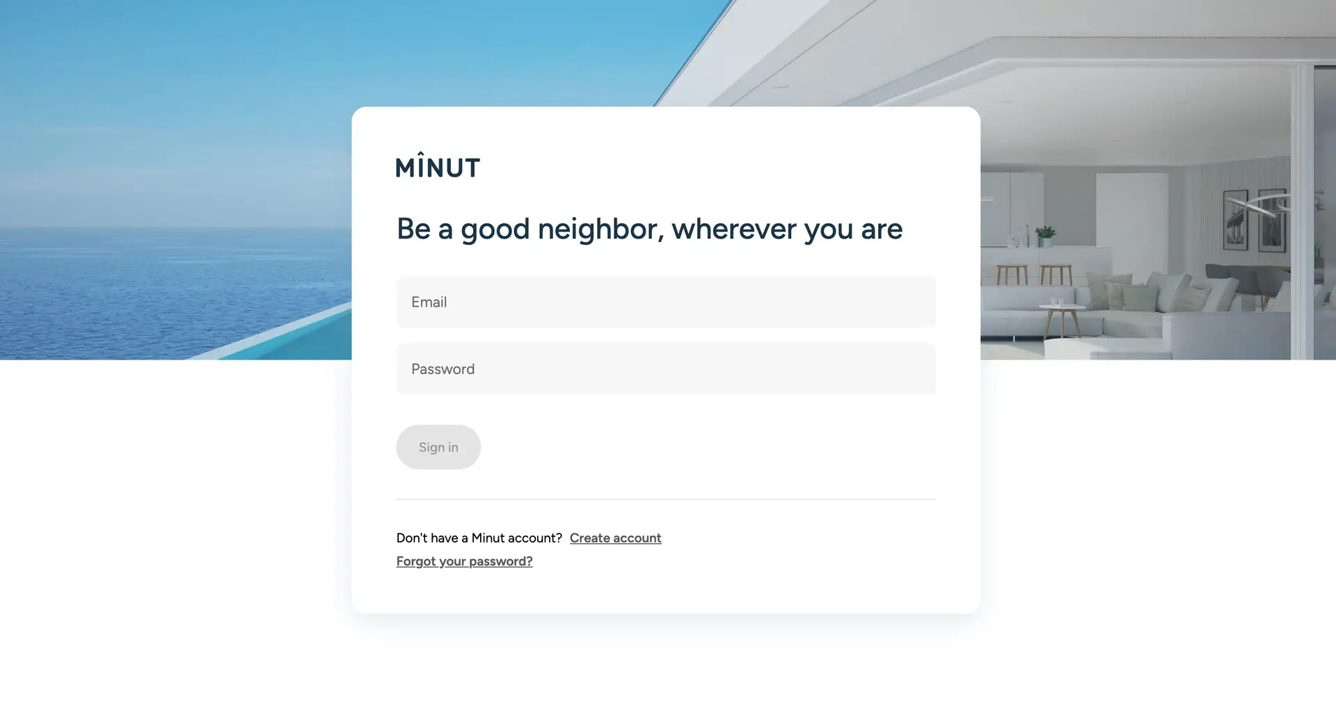 Minut login page with email and password fields, sign in button, and account creation and password recovery options.