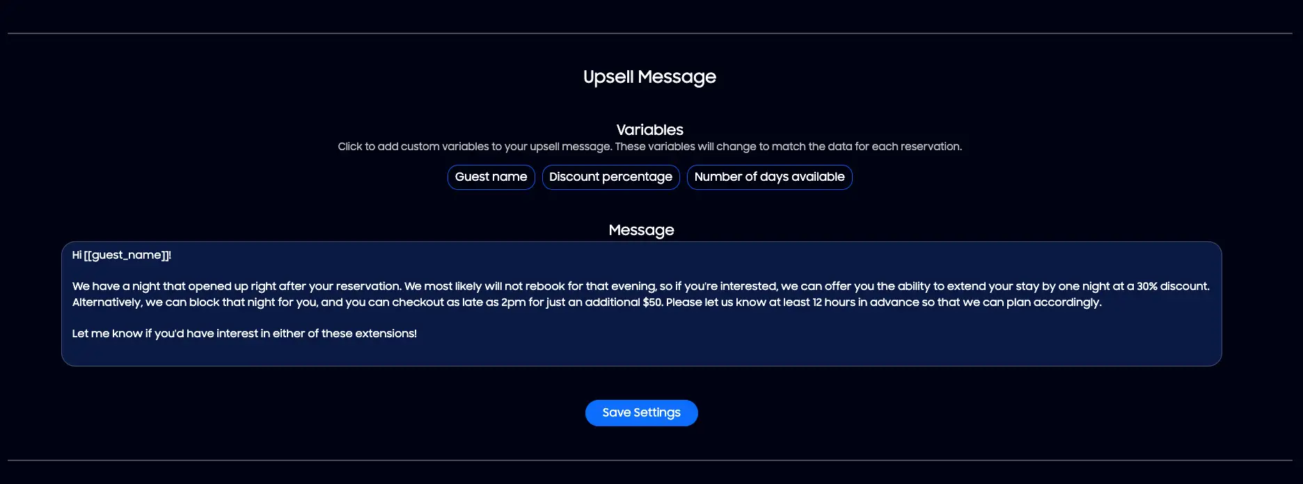 HostBuddy Upsell Message screen with variables and message template.