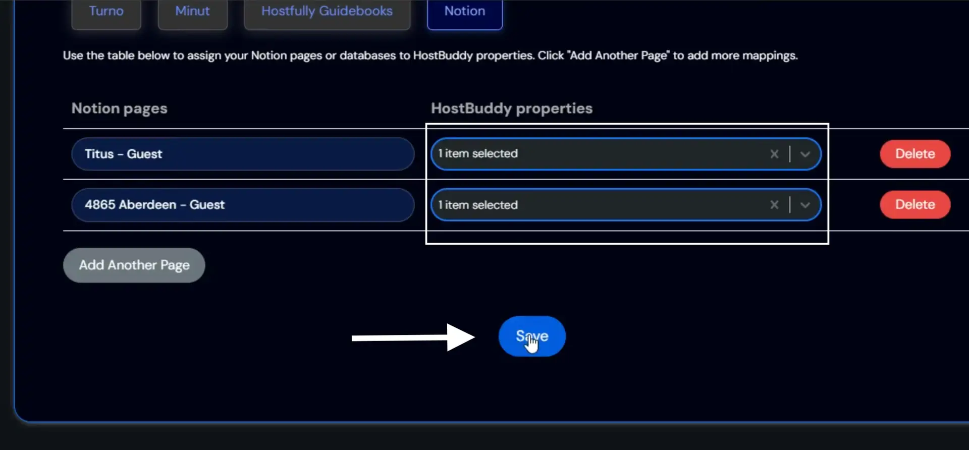 HostBuddy Notion integration page showing Notion pages mapped to HostBuddy properties with save button
