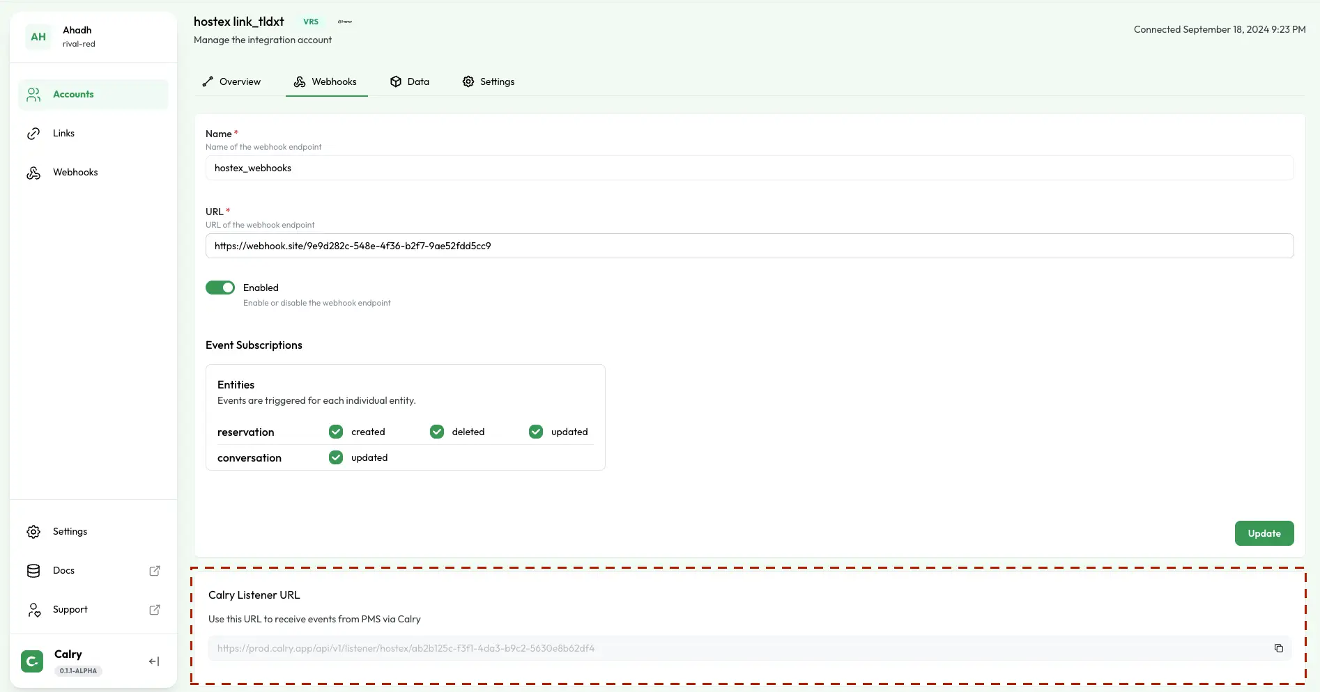 Hostex integration account management page with webhook setup options in HostBuddy