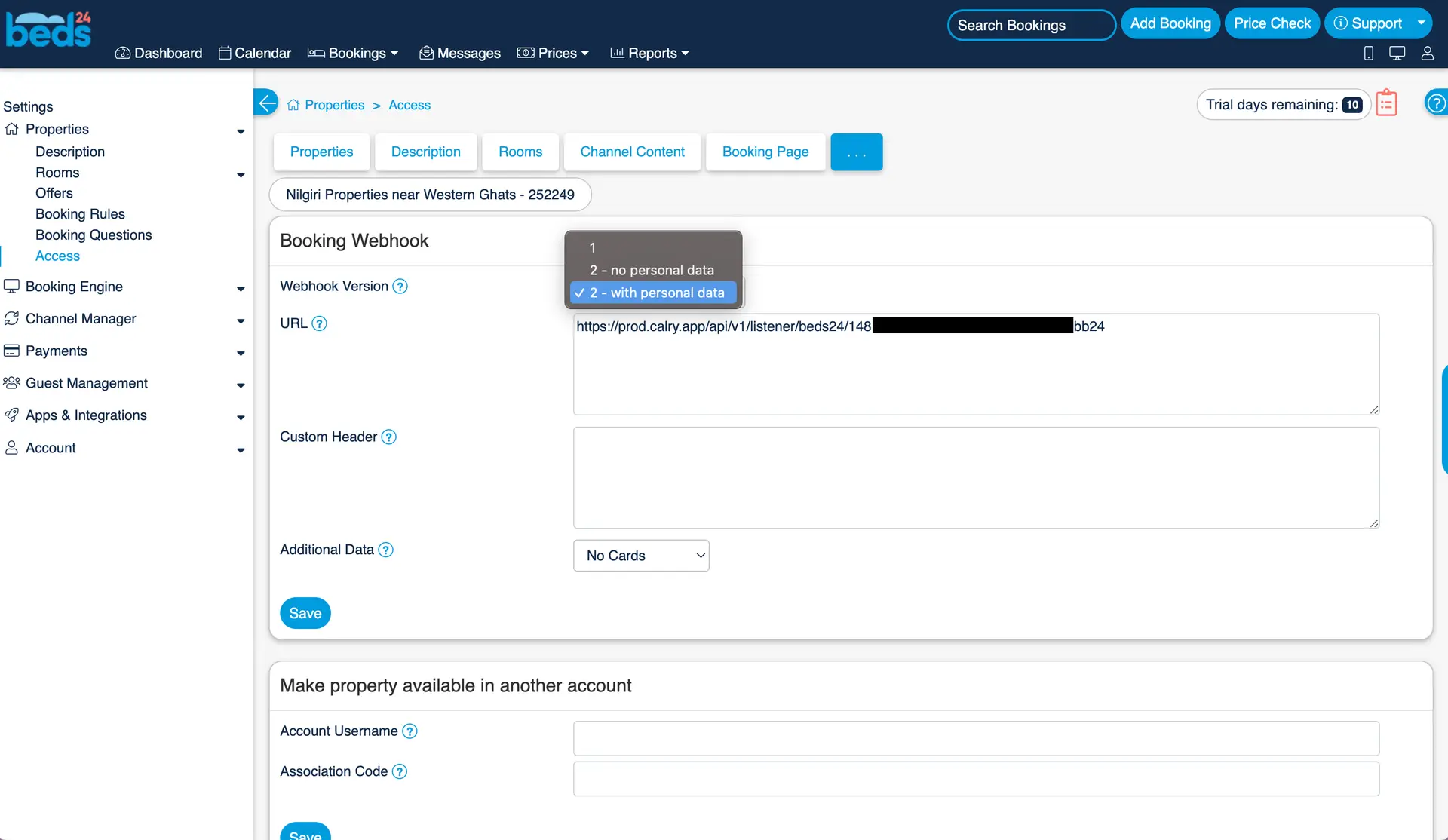 Beds24 Booking Webhook setup page under Properties Access section.
