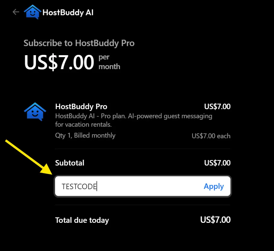 HostBuddy AI subscription screen for HostBuddy Pro plan showing a monthly cost of US$7.00 with a discount code field and apply button.