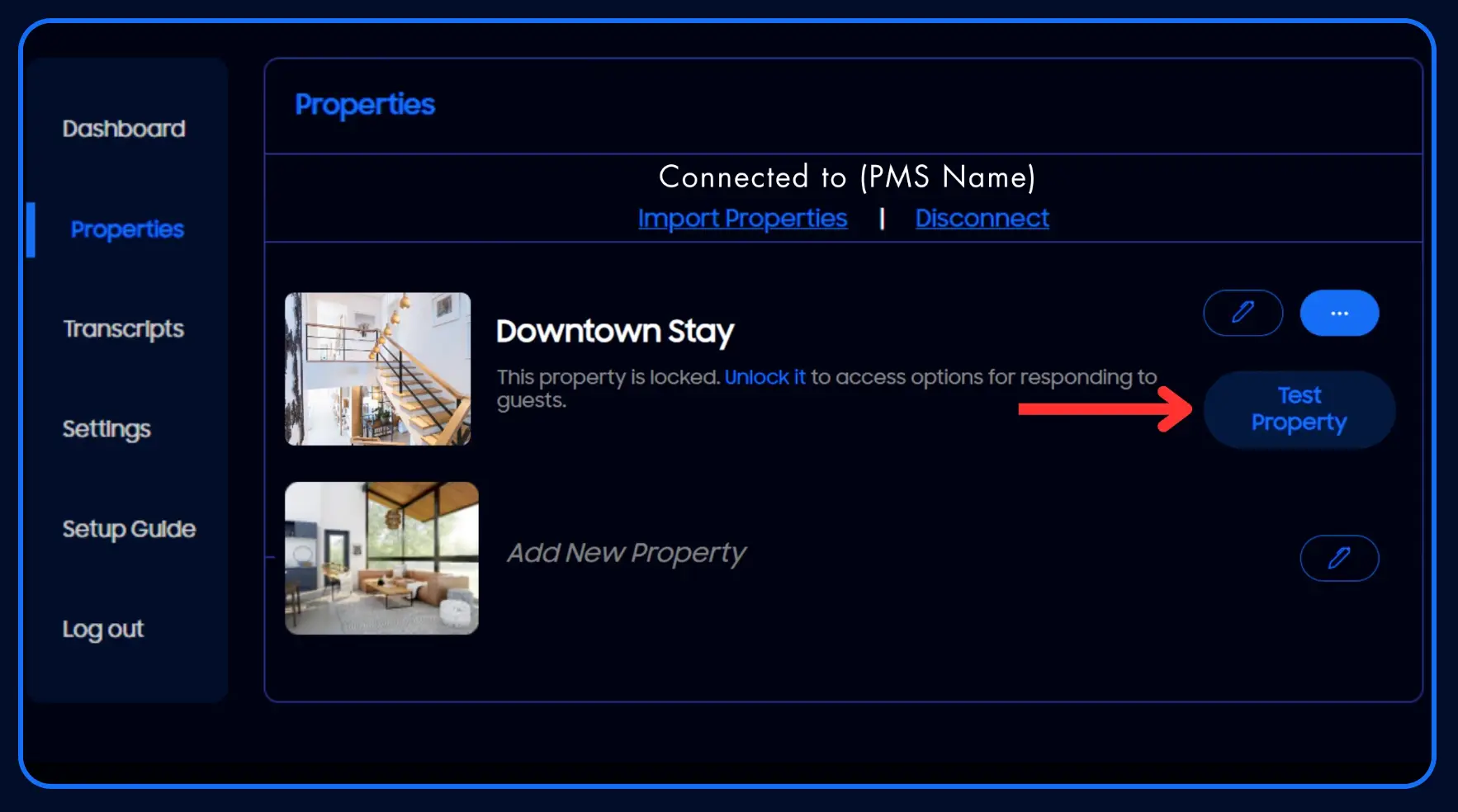 HostBuddy AI Properties section with Downtown Stay property locked and Test Property button.