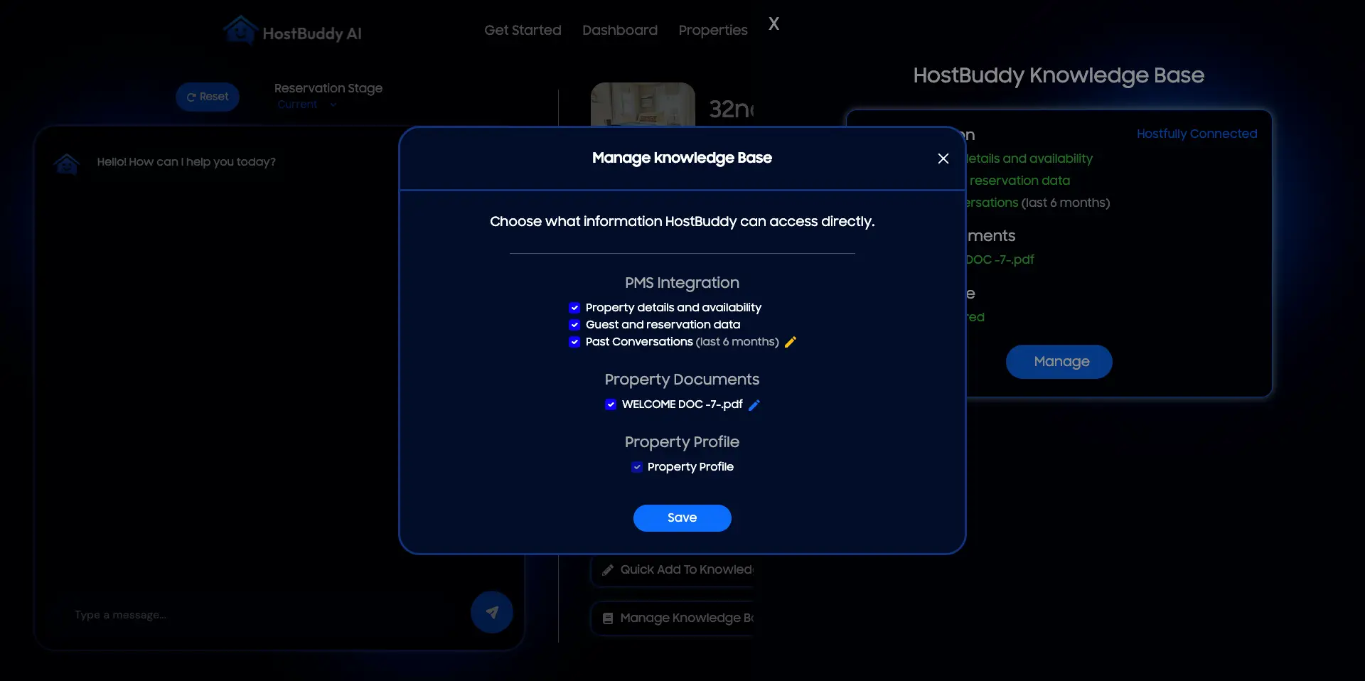 HostBuddy AI Properties Page - Manage Knowledge Base window