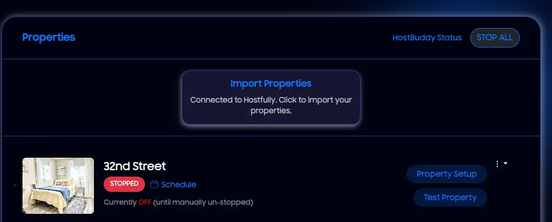 HostBuddy AI Properties section with Import Properties and 32nd Street property details