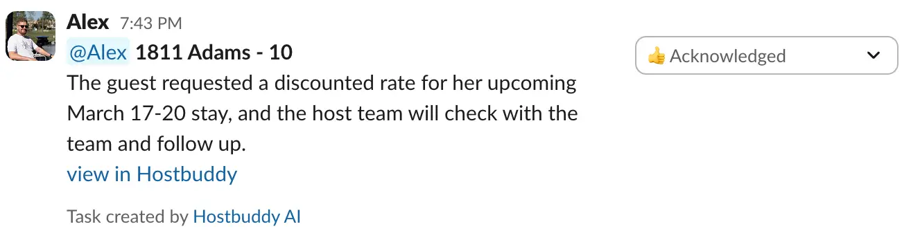HostBuddy AI message about guest's discounted rate request for March 17-20 stay.