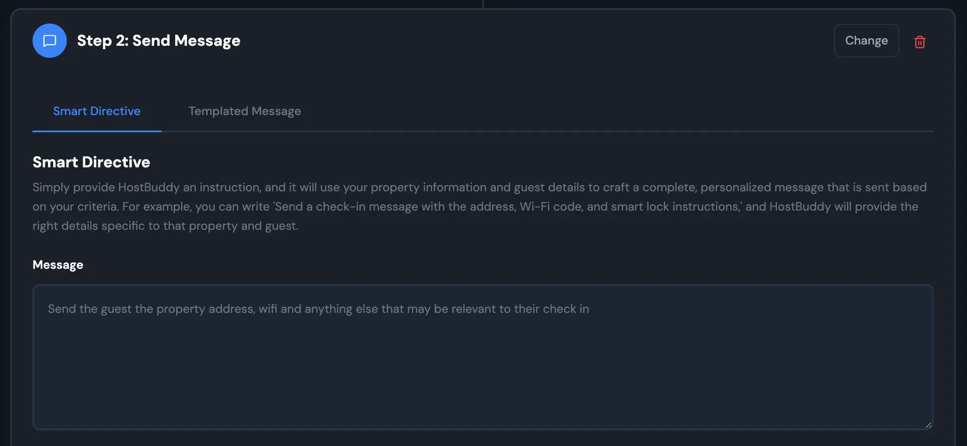 HostBuddy Step 2: Send Message - Smart Directive tab