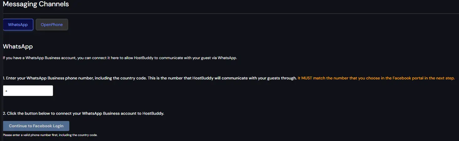 HostBuddy WhatsApp integration screen for connecting a WhatsApp Business account.