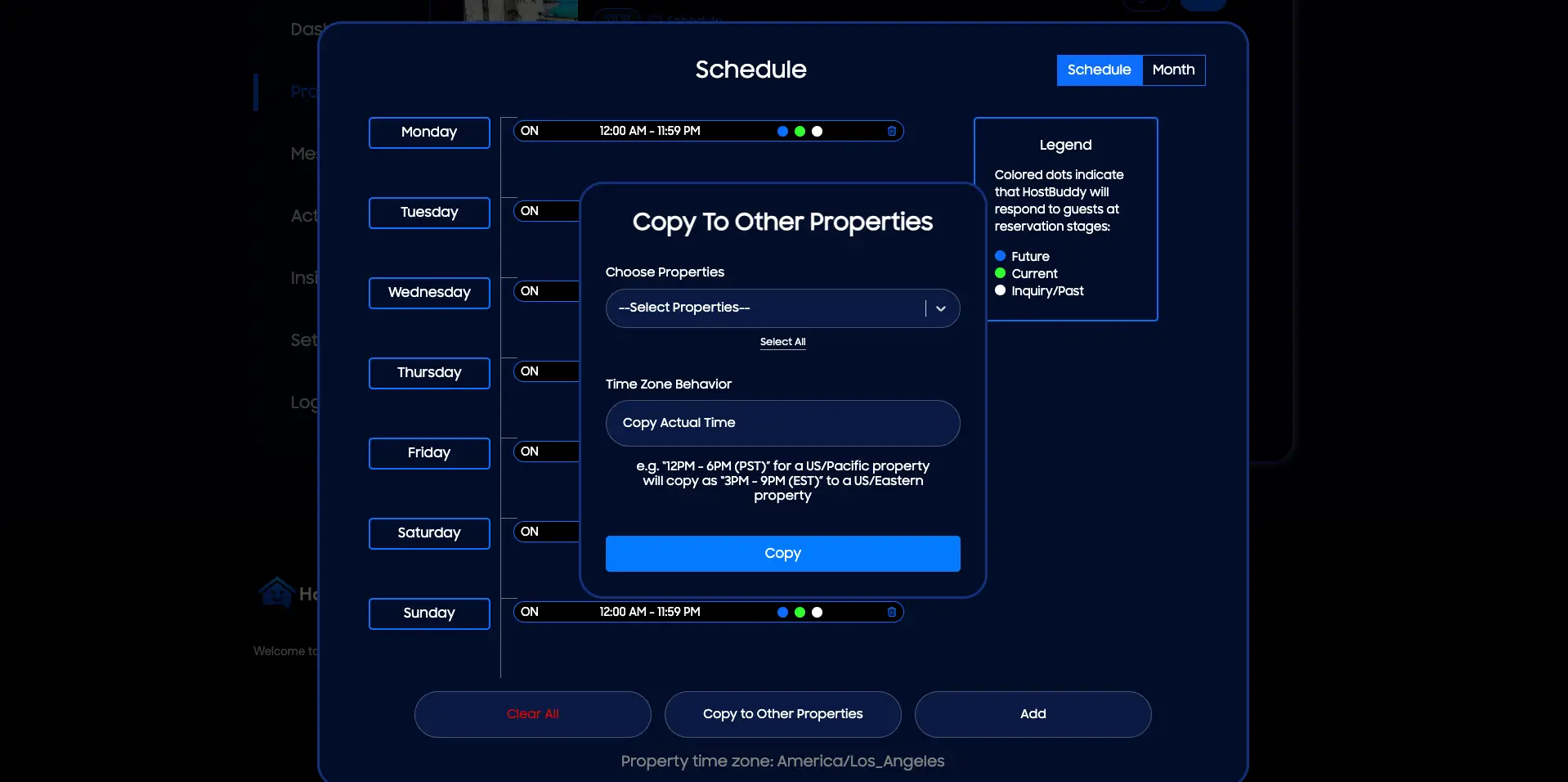 HostBuddy Schedule interface for setting automated messaging times.