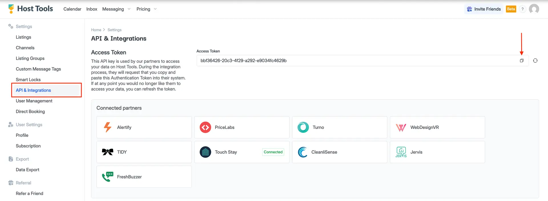 Host Tools - API & Integrations settings page showing access token and connected partners.
