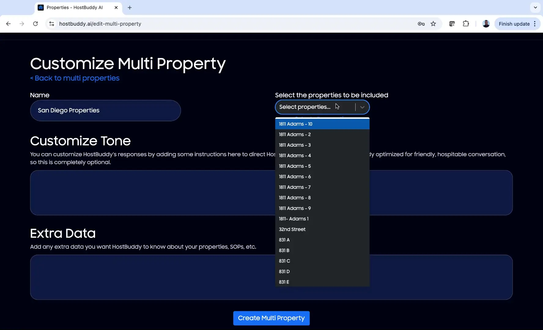 HostBuddy AI Customize Multi Property setup page with property selection and customization options.