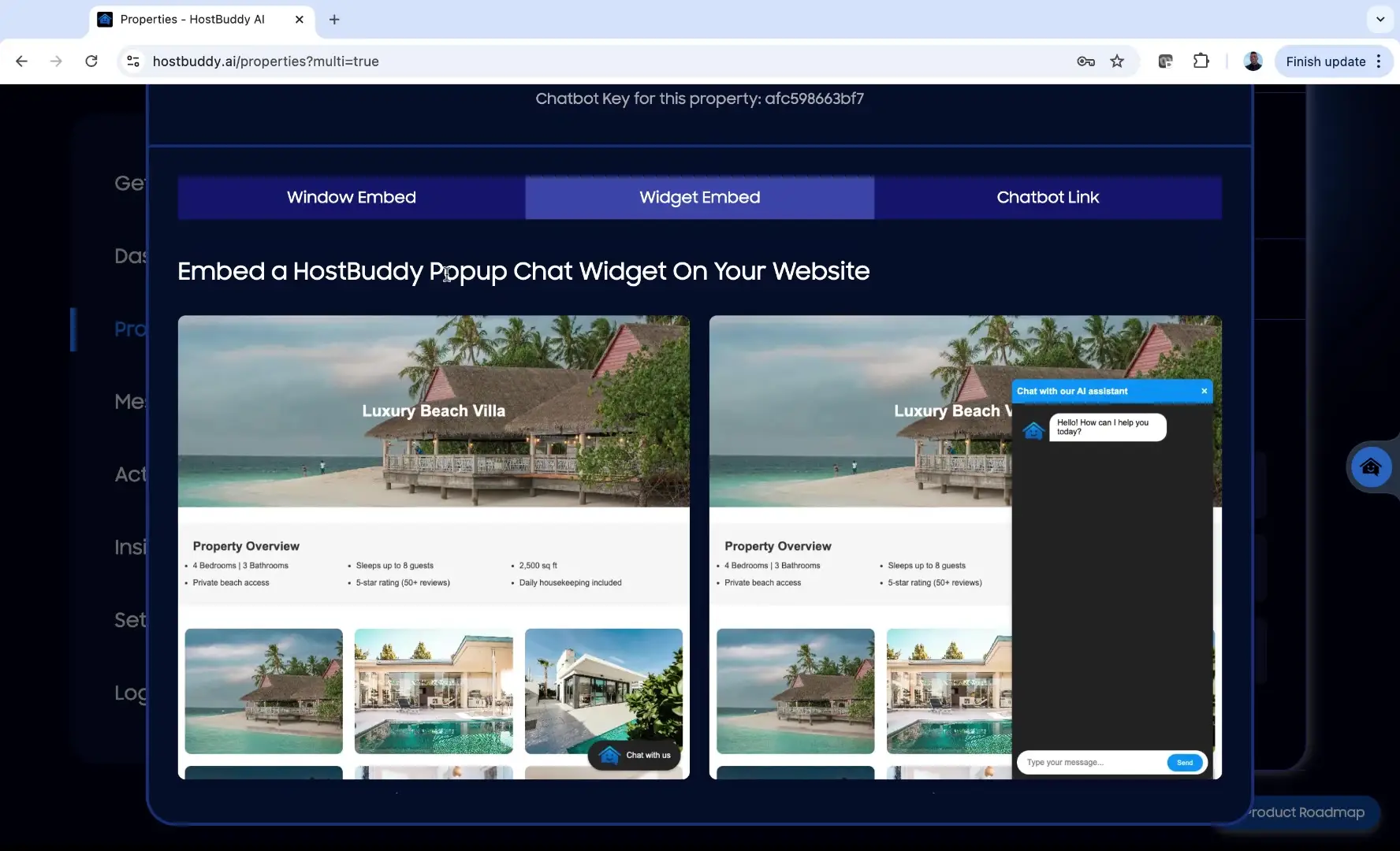 HostBuddy AI properties page showing widget embed options for popup chat