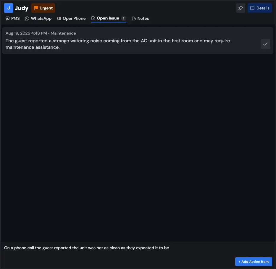 HostBuddy Open Issue tab showing maintenance issue with AC unit noise and option to add action item.