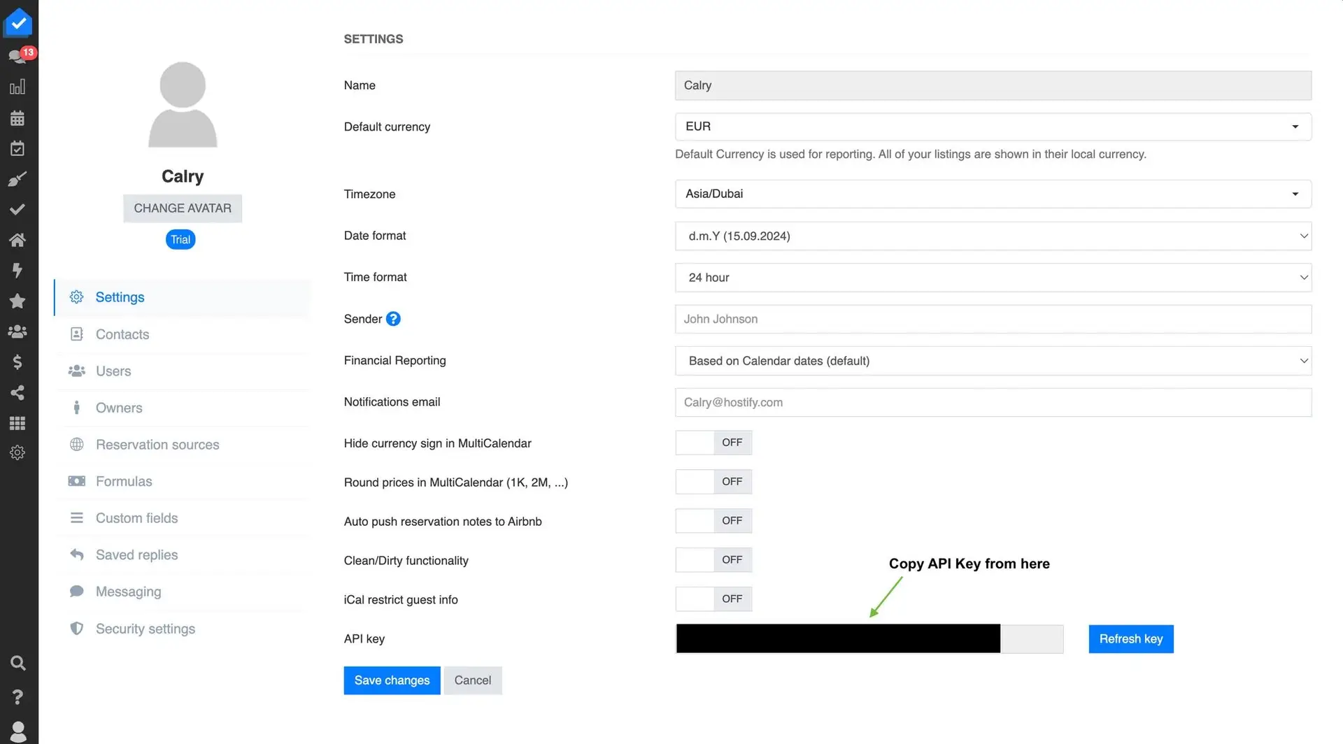 HostBuddy Hostify Settings page showing user settings and API key management.