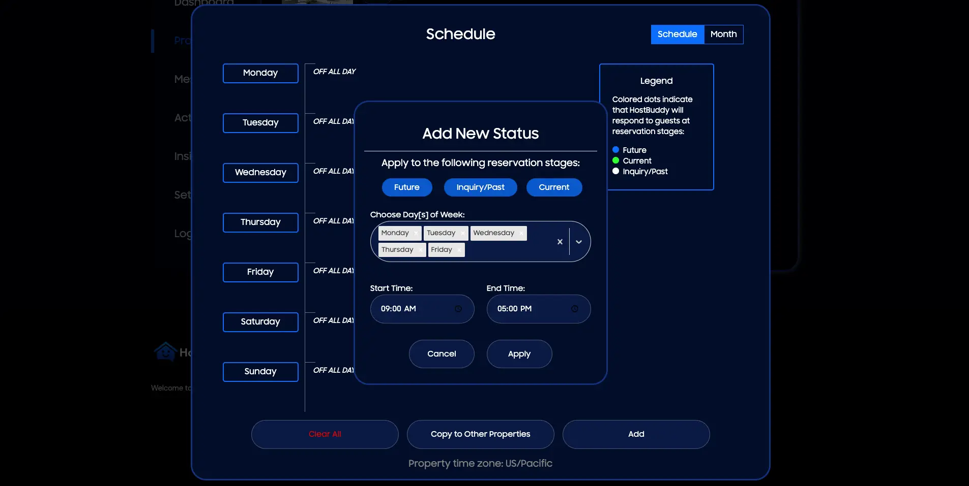 HostBuddy Schedule interface for adding new status with options for reservation stages and time settings.