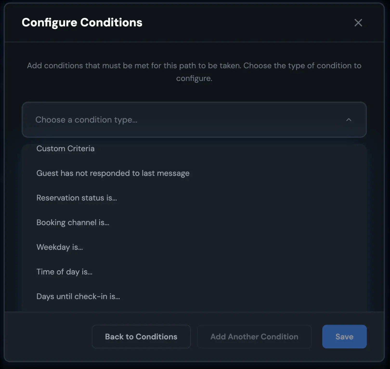 HostBuddy Configure Conditions screen for setting messaging path criteria