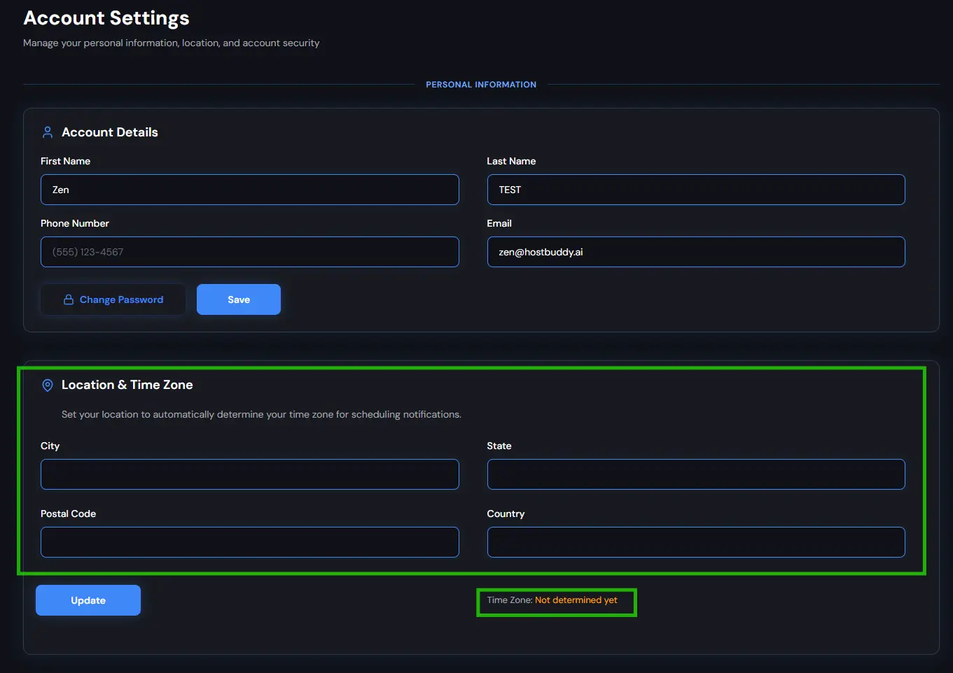 HostBuddy Account Settings page showing personal information and location settings.