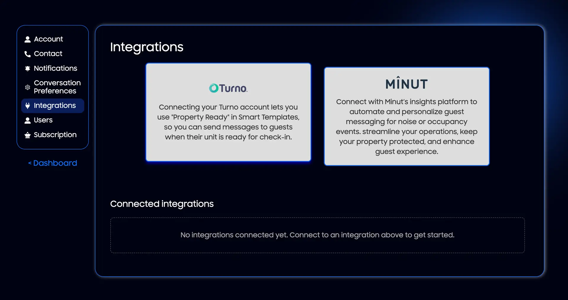 HostBuddy AI Integrations settings page showing Turno and Minut integration options.