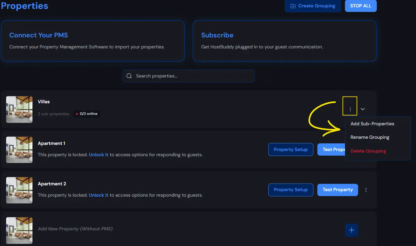 HostBuddy Properties section showing property management options including Connect Your PMS, Subscribe, and property listings with setup and test options.
