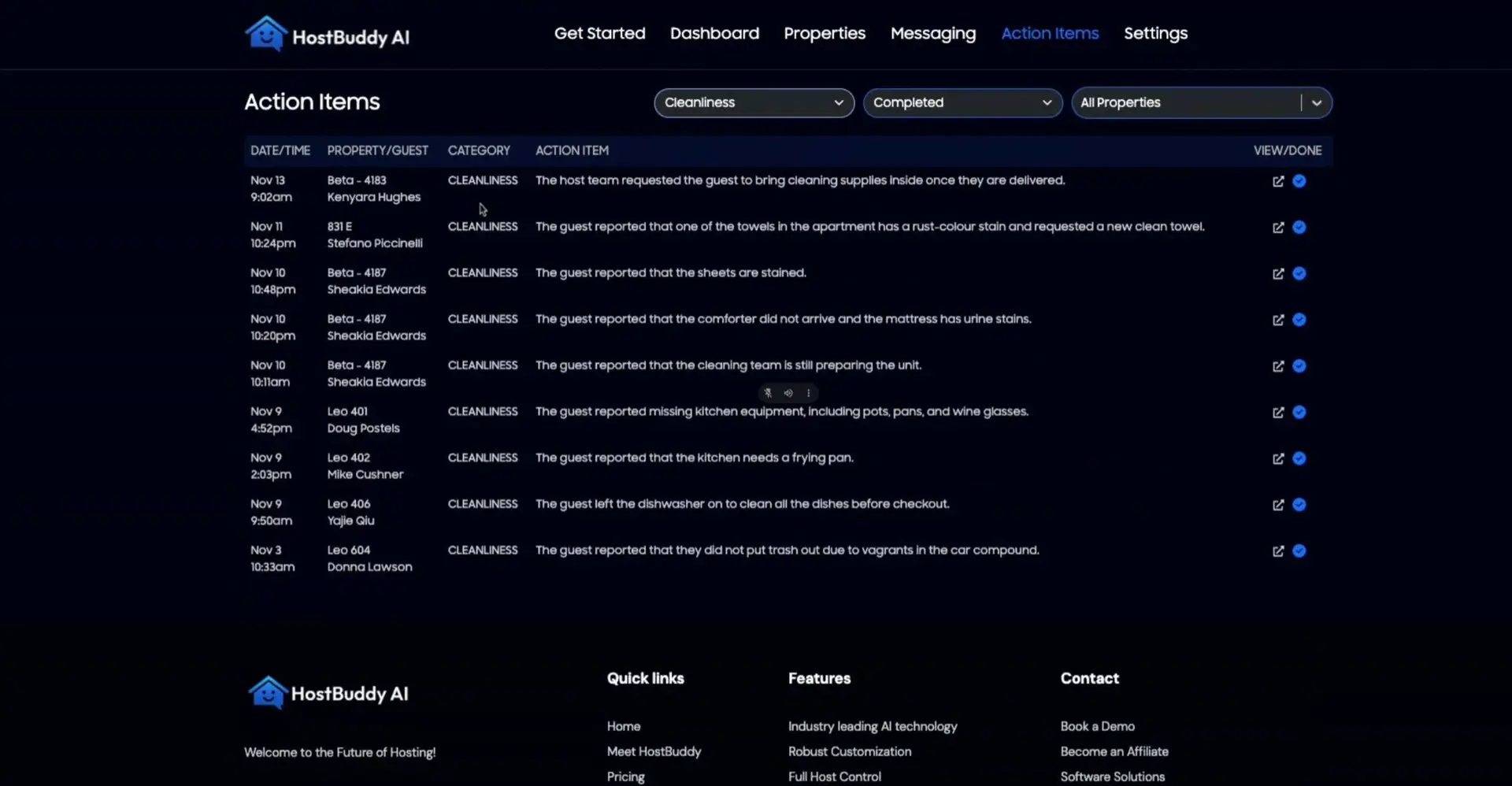 HostBuddy AI Action Items screen showing a list of cleanliness-related tasks for various properties.