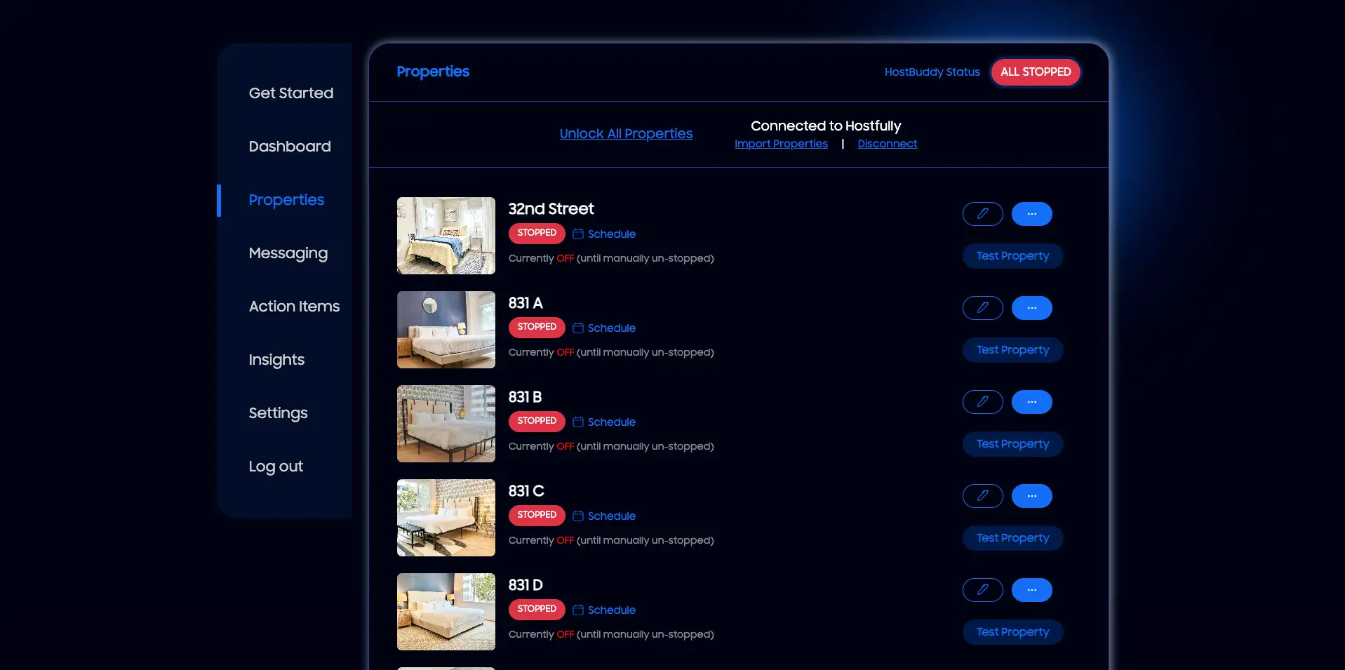 HostBuddy Properties management screen showing all properties stopped.