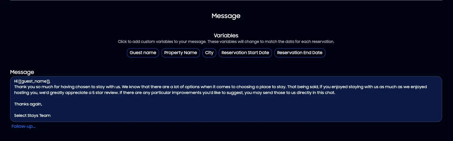 HostBuddy Smart Templating Message screen with variables and sample message template.