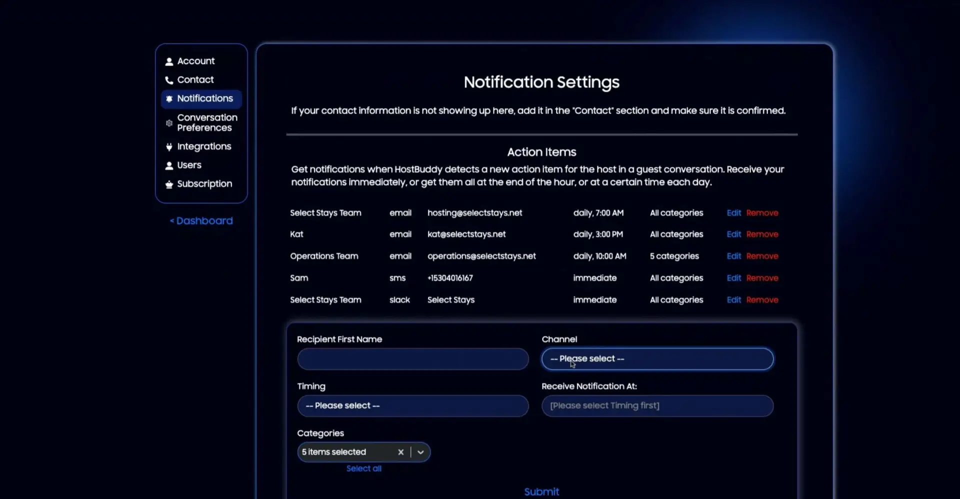 HostBuddy Notification Settings page showing notification preferences and setup options.