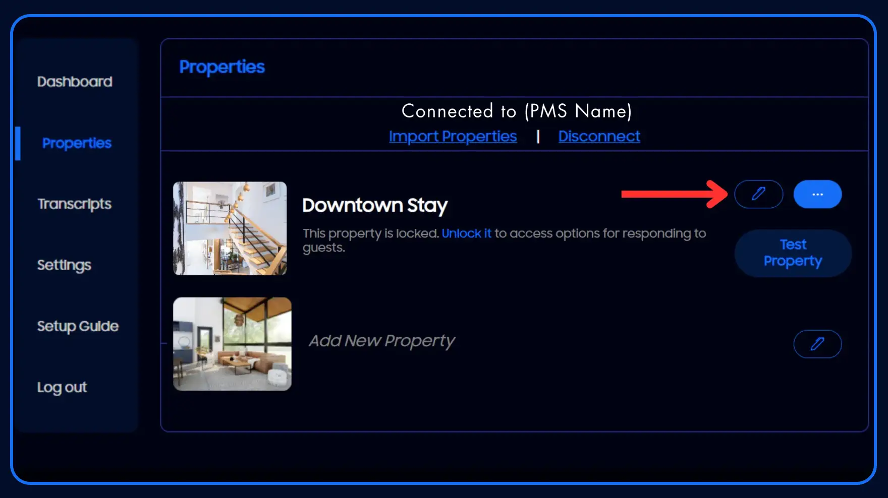 HostBuddy AI Properties section showing Downtown Stay property with options to unlock, edit, and test, alongside navigation menu.