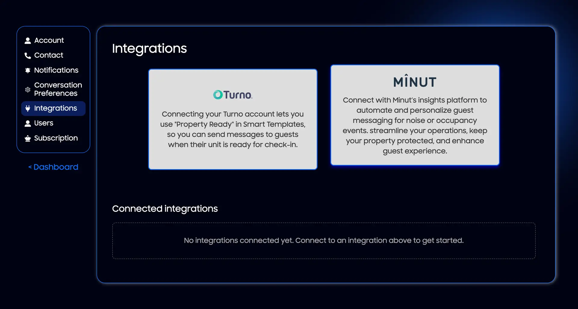 HostBuddy AI Integrations settings page showing Turno and Minut integration options.