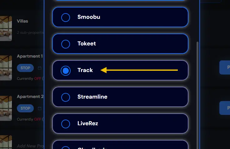 HostBuddy PMS Integration Guides screen showing selection of 'Track' option.