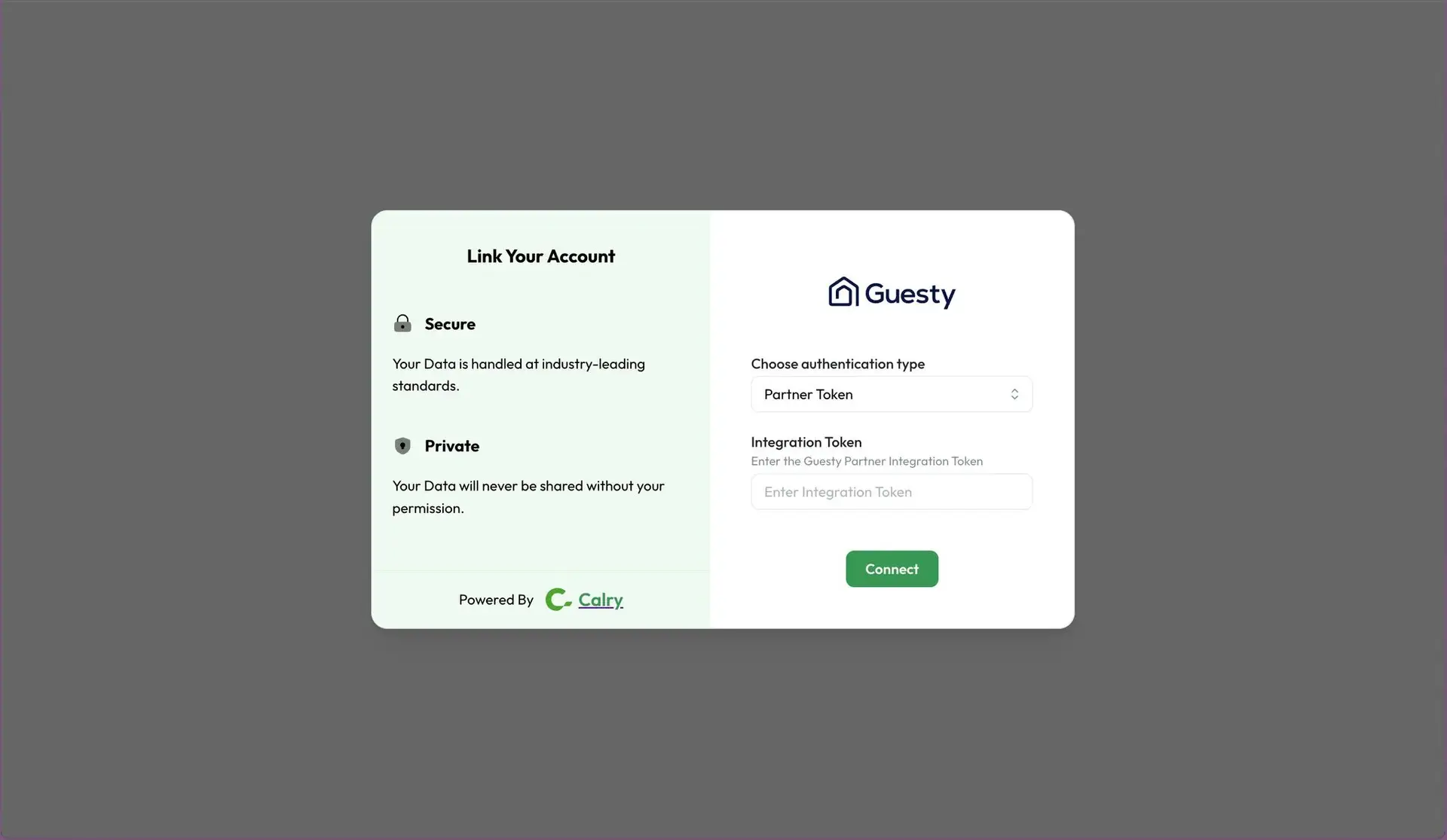 HostBuddy Guesty integration screen for linking accounts with authentication options and data privacy assurances.