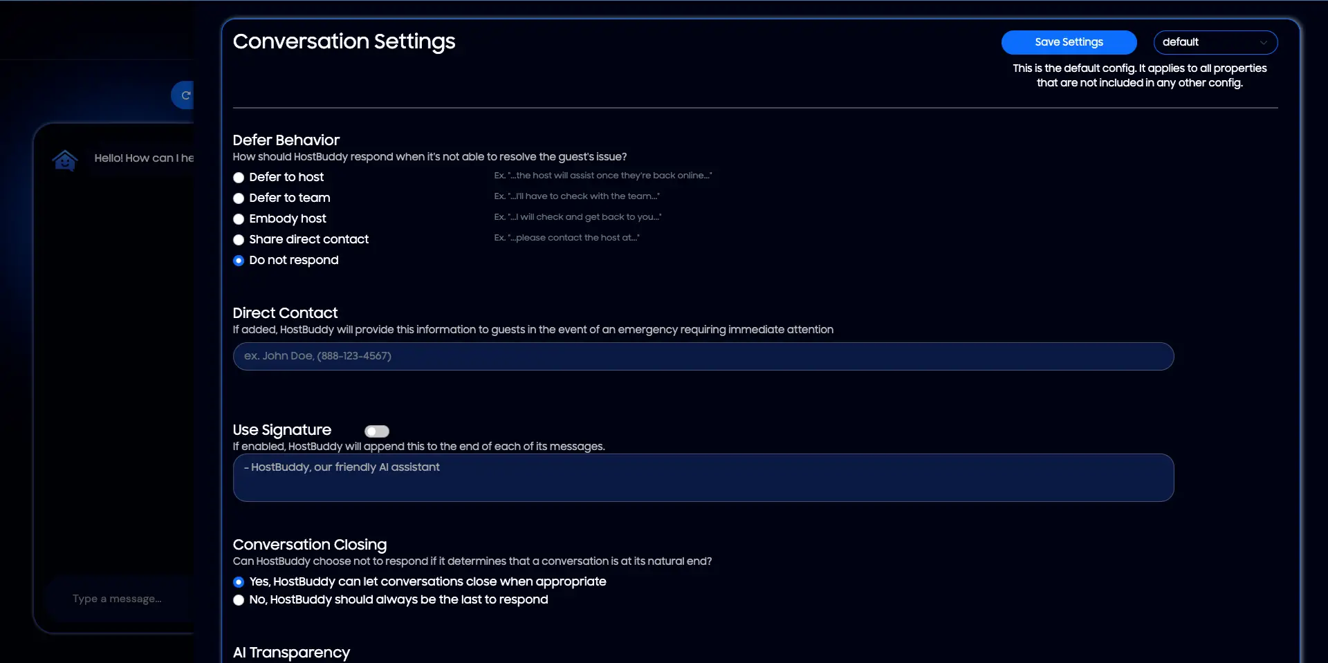 HostBuddy Properties Page - Conversation Settings