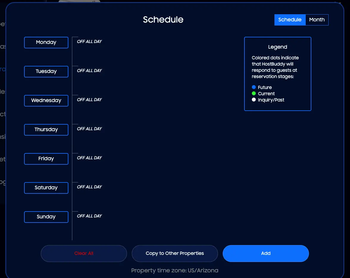 HostBuddy Schedule screen for Quick Start feature showing weekly schedule with all days off and legend for response stages.