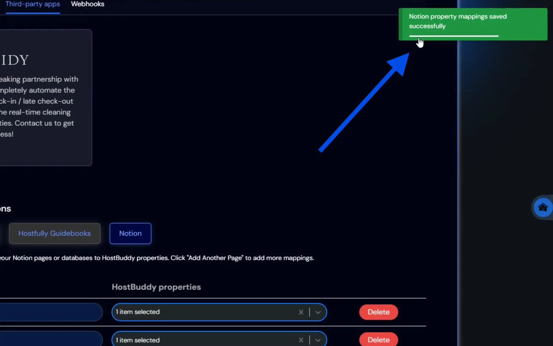 HostBuddy Third-party apps Notion integration screen with successful mapping notification