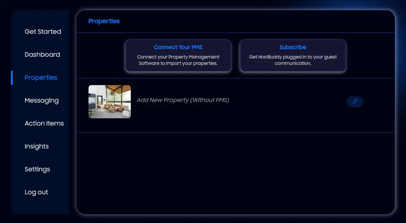 HostBuddy Properties section with options to connect PMS and add new property without PMS.