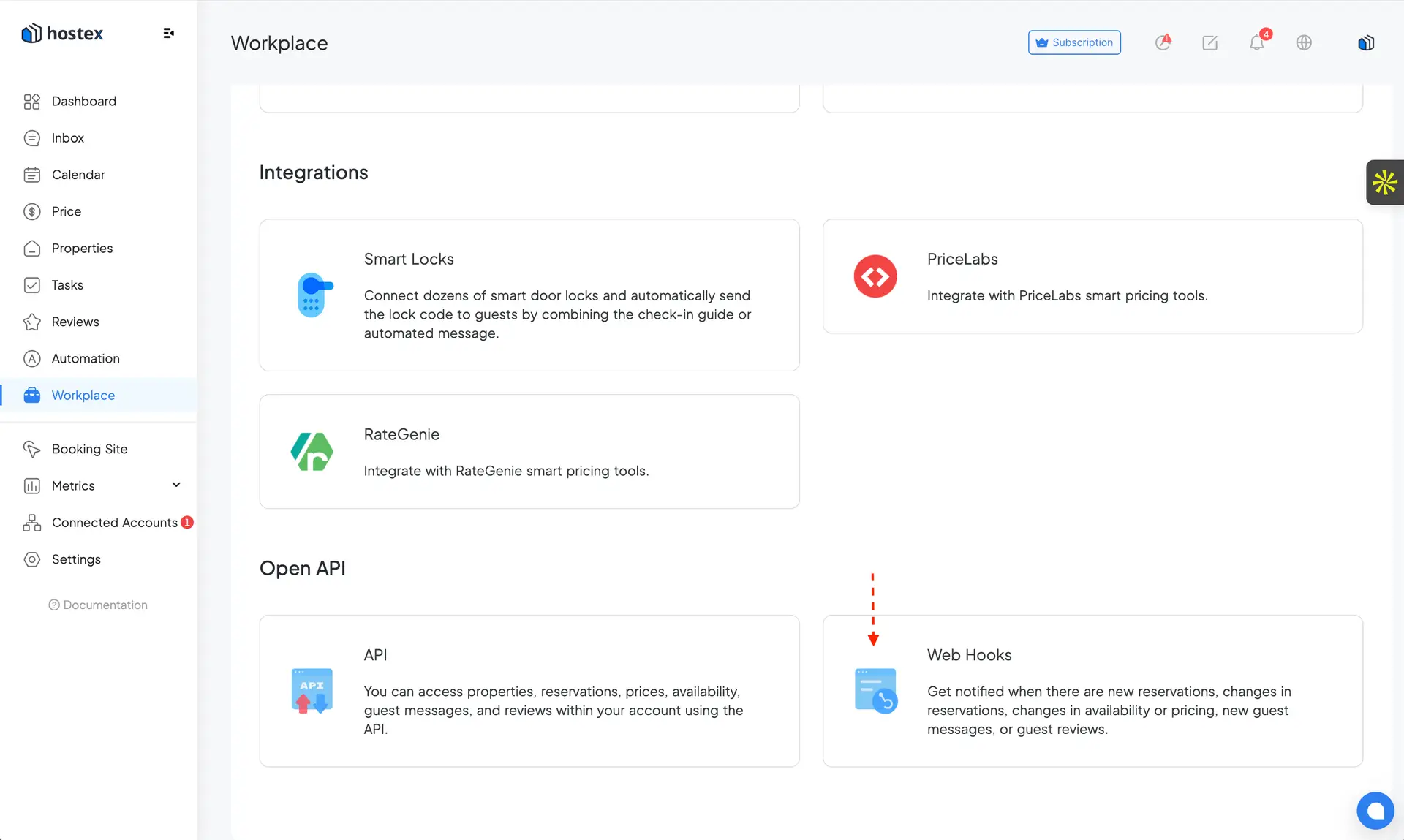 Hostex Workplace Integrations and Open API options including Smart Locks, RateGenie, PriceLabs, API, and Web Hooks.