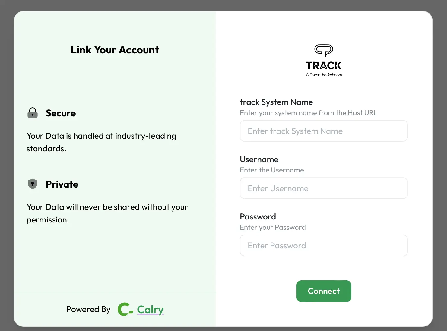 HostBuddy Link Your Account page for TRACK system integration with fields for system name, username, and password, and a Connect button.