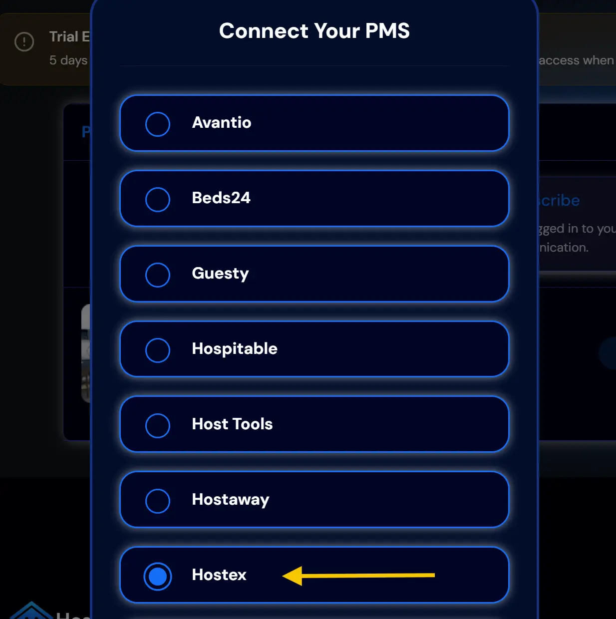 HostBuddy AI PMS Integration screen showing Hostex selected for connection