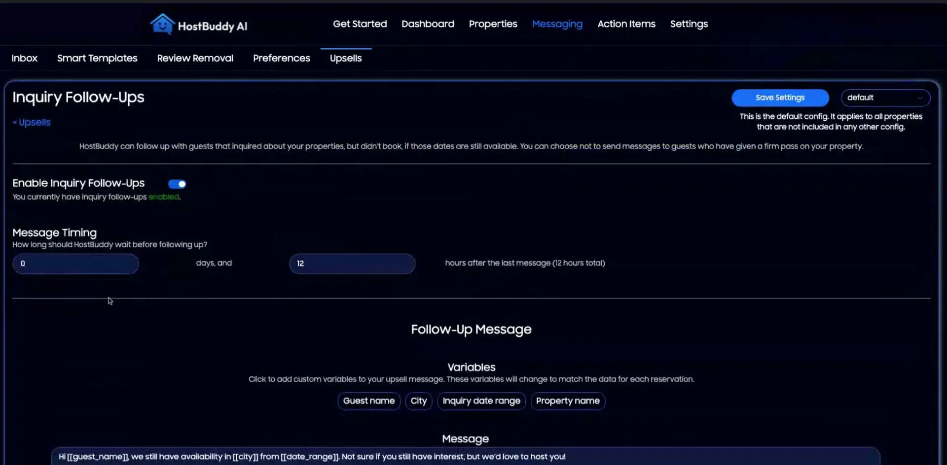 HostBuddy AI Messaging Upsells Inquiry Follow-Ups screen